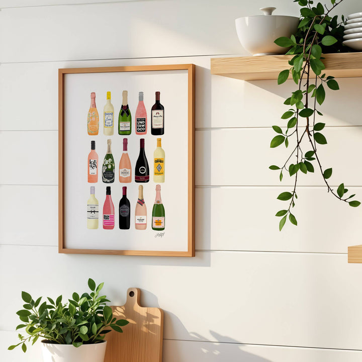 Wine and Chamapagne Bottles Illustration -8x10 Art Print