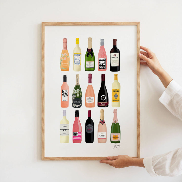 Wine and Chamapagne Bottles Illustration -8x10 Art Print