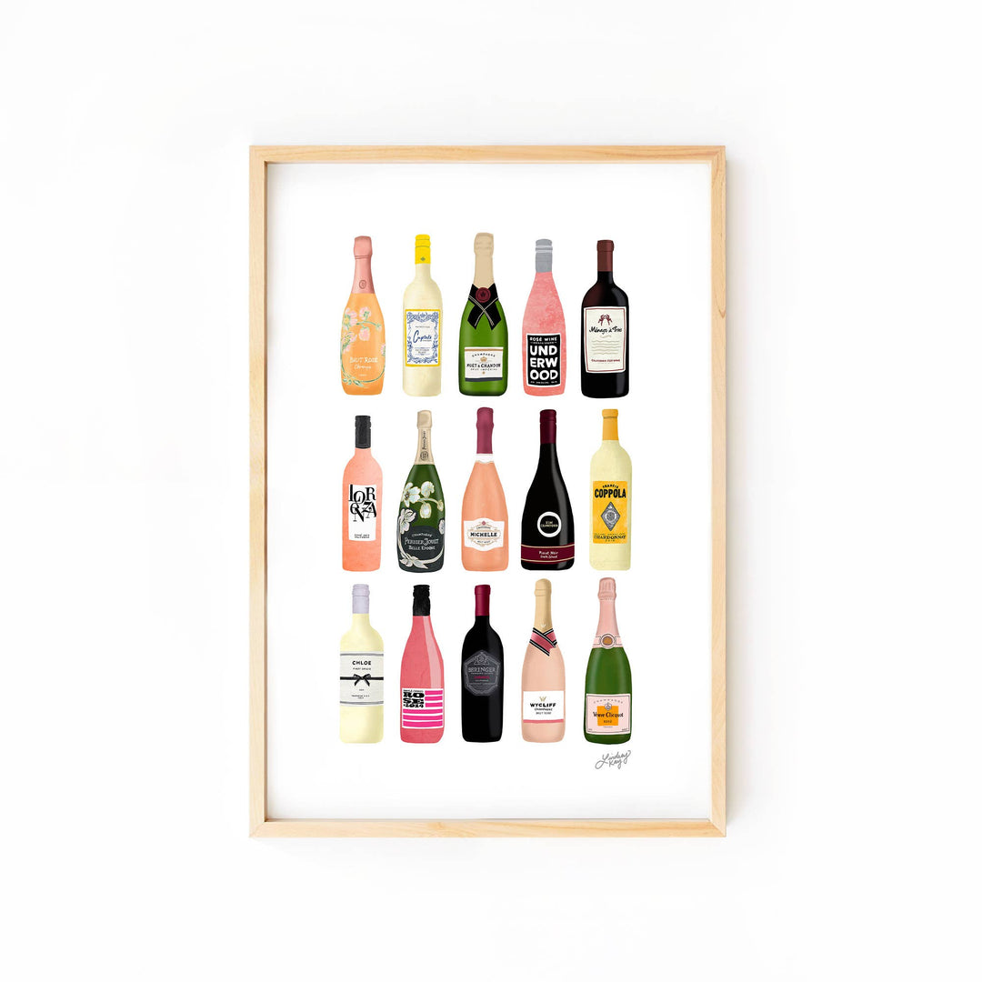 Wine and Chamapagne Bottles Illustration -8x10 Art Print