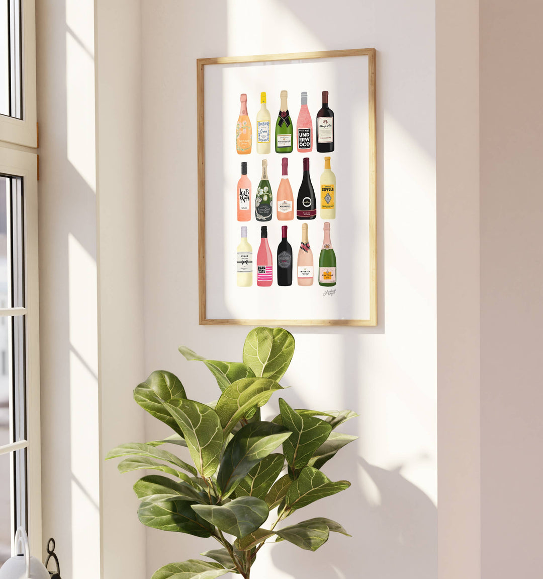 Wine and Chamapagne Bottles Illustration -8x10 Art Print