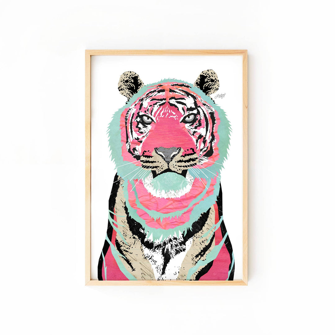 Pink/Teal Tiger Collage Illustration - Art Print
