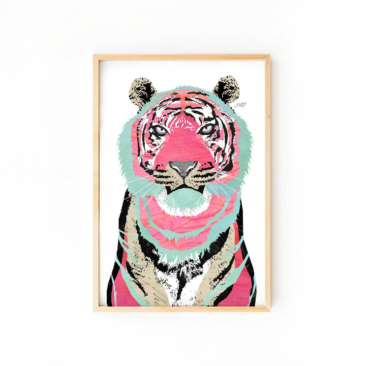 Pink/Teal Tiger Collage Illustration - Art Print
