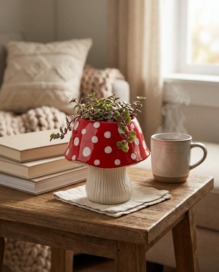 Red Polka Dot Mushroom Ceramic Planter