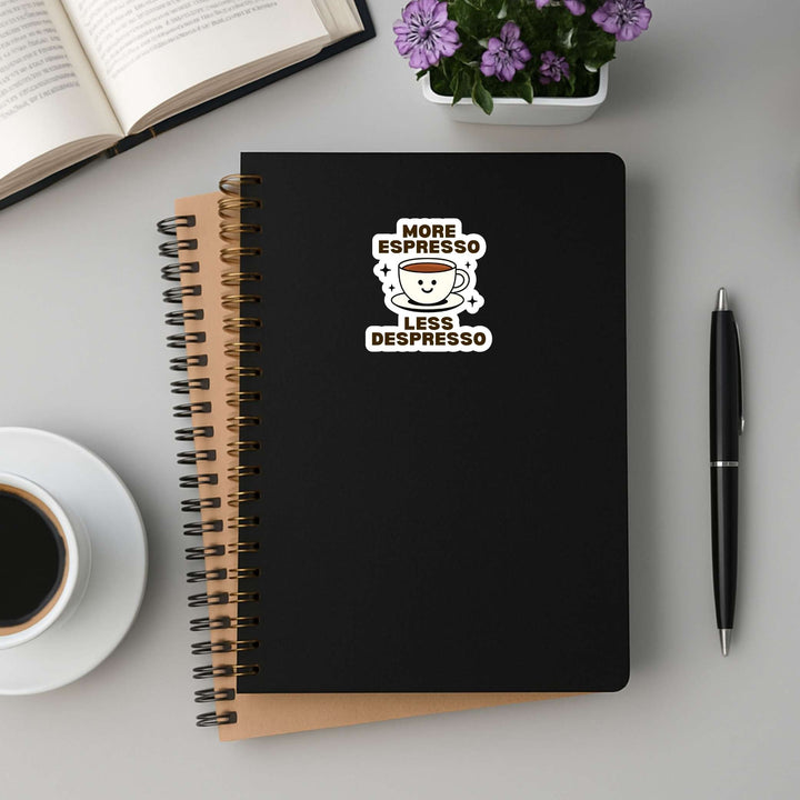 More Espresso Less Depresso Sticker – Cute Coffee Vinyl Decal, 2.5 x 3 in