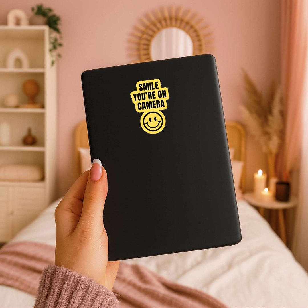 Smile You’re On Camera Sticker – Funny Yellow Warning Vinyl Decal, 2 x 3.25 in