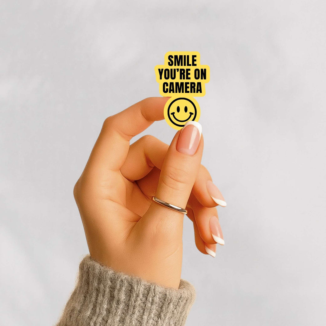 Smile You’re On Camera Sticker – Funny Yellow Warning Vinyl Decal, 2 x 3.25 in