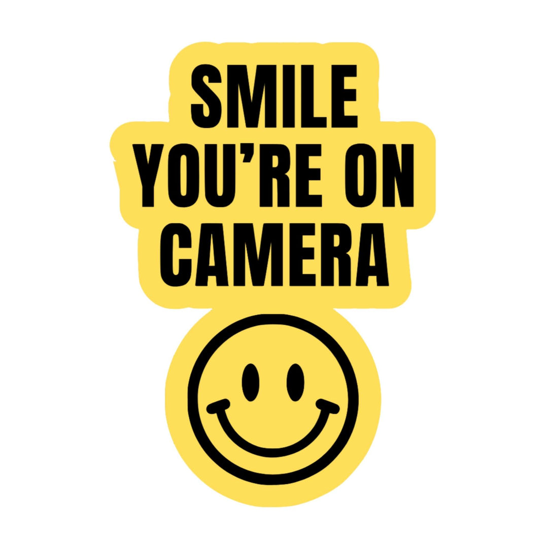 Smile You’re On Camera Sticker – Funny Yellow Warning Vinyl Decal, 2 x 3.25 in