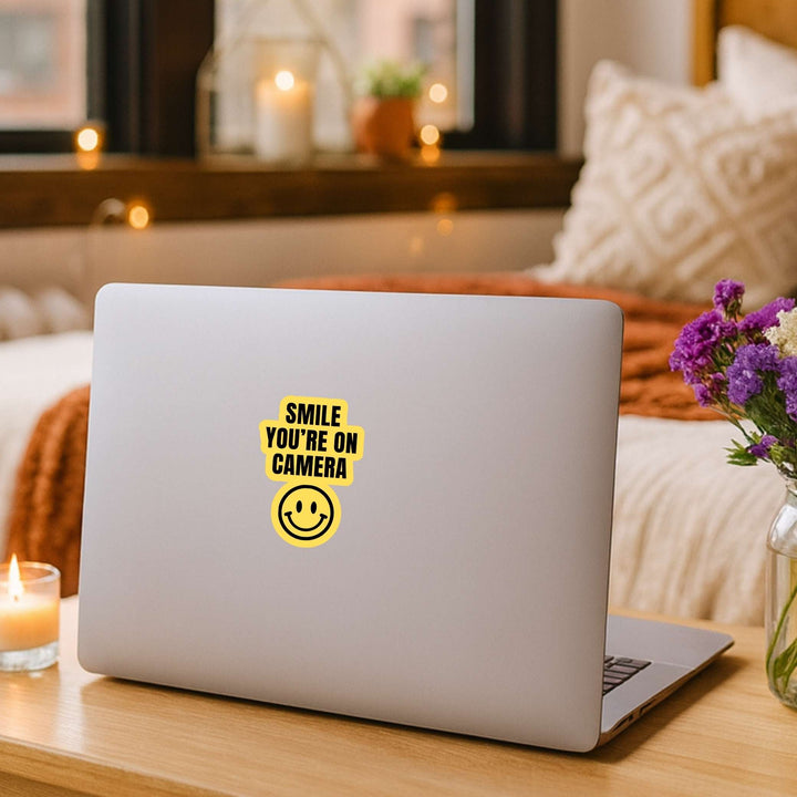 Smile You’re On Camera Sticker – Funny Yellow Warning Vinyl Decal, 2 x 3.25 in
