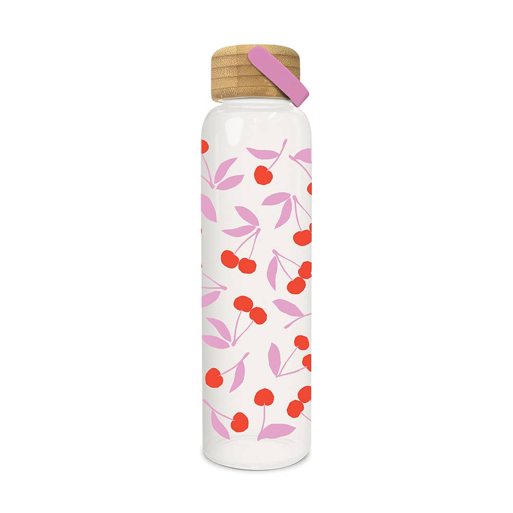 Cherry Sweet Glass Water Bottle with Bamboo Lid