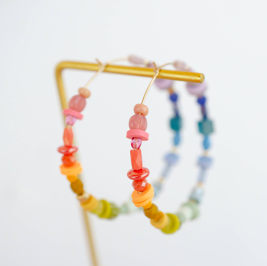 Rainbow Beaded Large Hoop Earrings