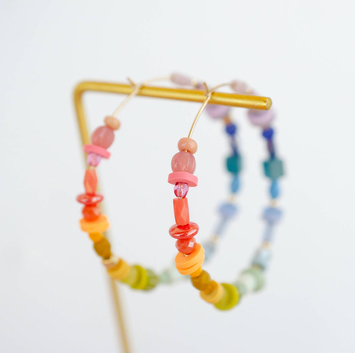 Rainbow Beaded Large Hoop Earrings