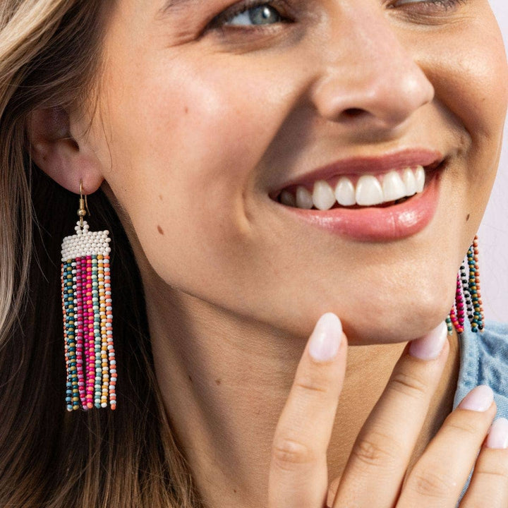 Adaline Alternating Two-Tone Strands Beaded Fringe Earring Multicolor