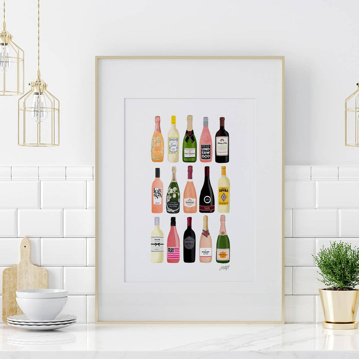 Wine and Chamapagne Bottles Illustration -8x10 Art Print