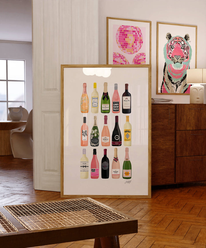 Wine and Chamapagne Bottles Illustration -8x10 Art Print