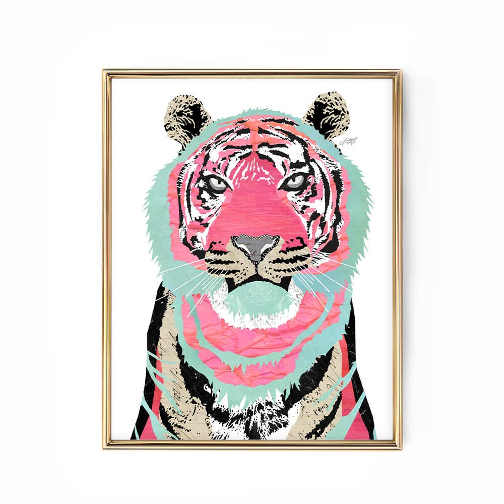 Pink/Teal Tiger Collage Illustration - Art Print