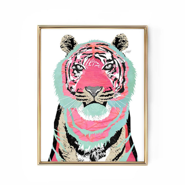 Pink/Teal Tiger Collage Illustration - Art Print