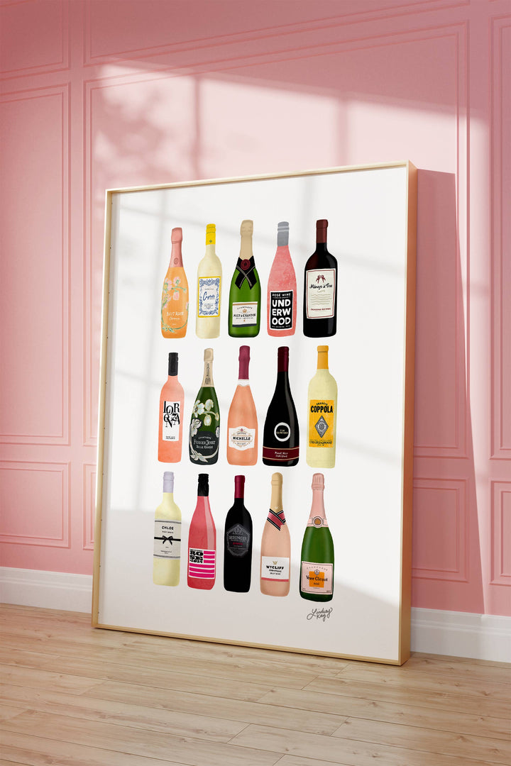 Wine and Chamapagne Bottles Illustration -8x10 Art Print